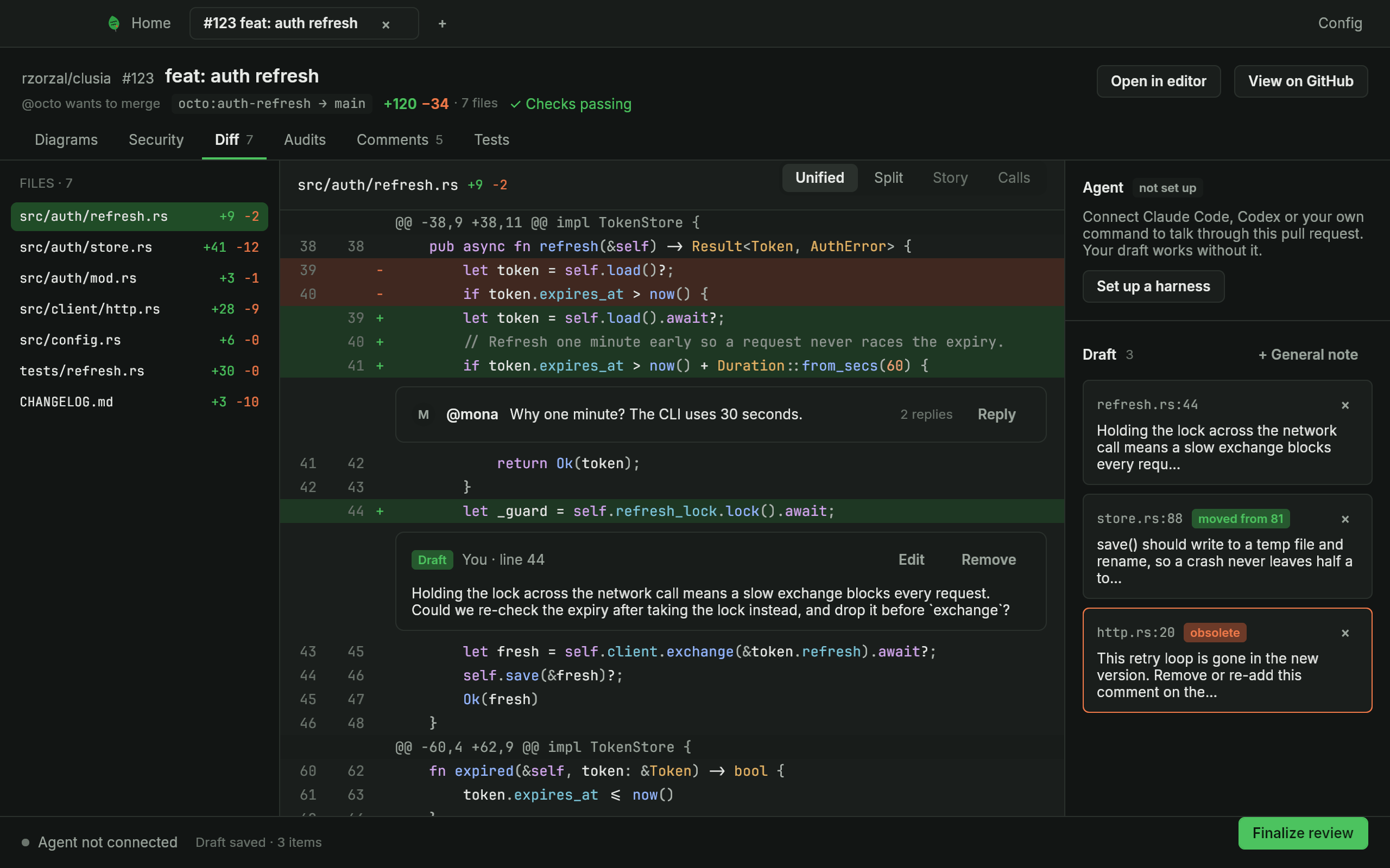 The Clúsia review screen in dark mode: PR header, sections, a syntax-highlighted diff with a thread and a draft comment, and the draft panel