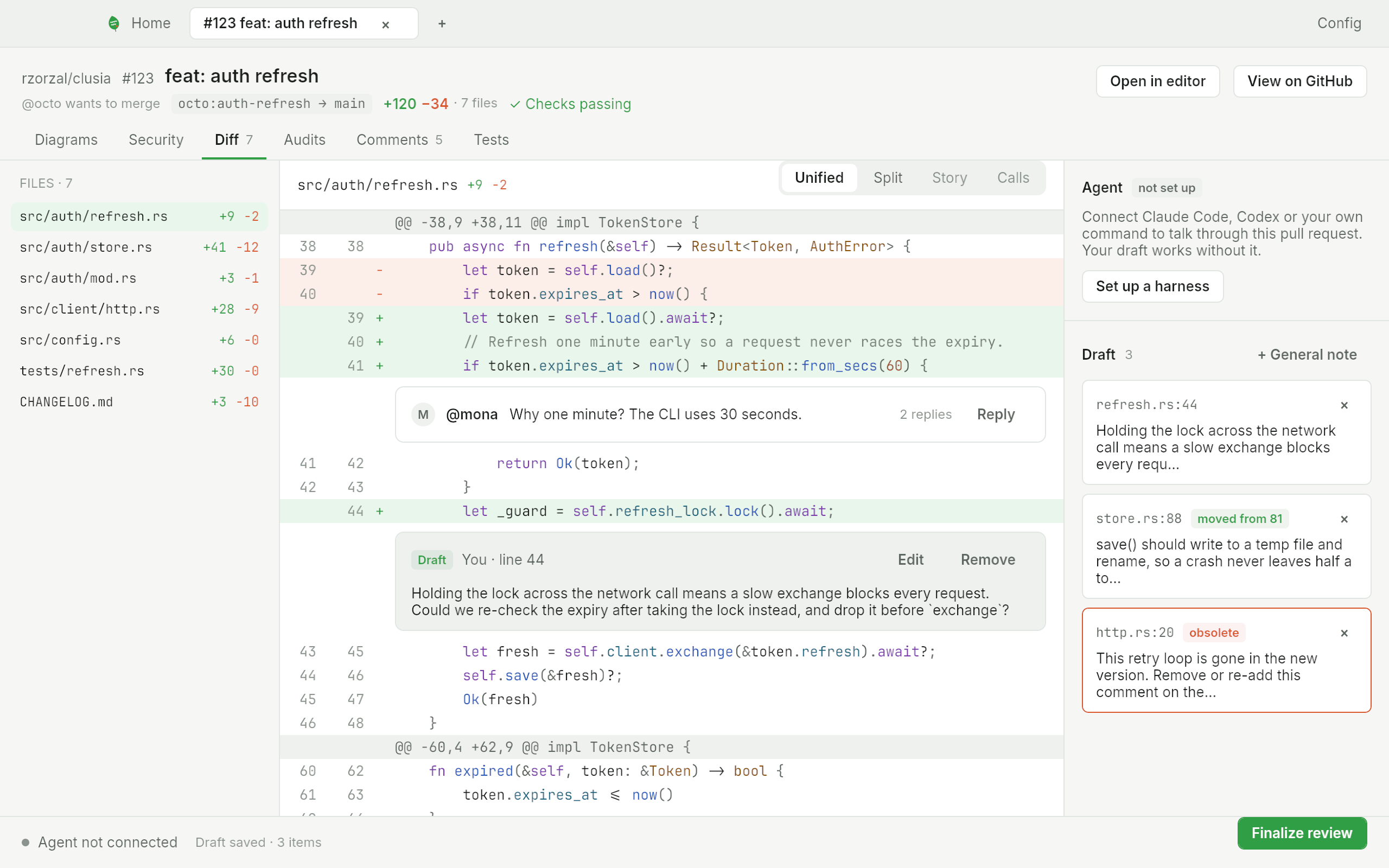The Clúsia review screen: PR header, sections, a syntax-highlighted diff with a thread and a draft comment, and the draft panel