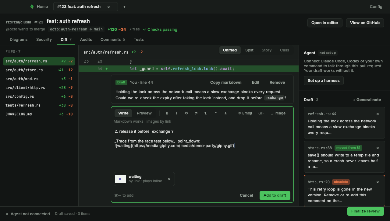 The comment composer with its toolbar and a preview of what GitHub will show (dark mode)