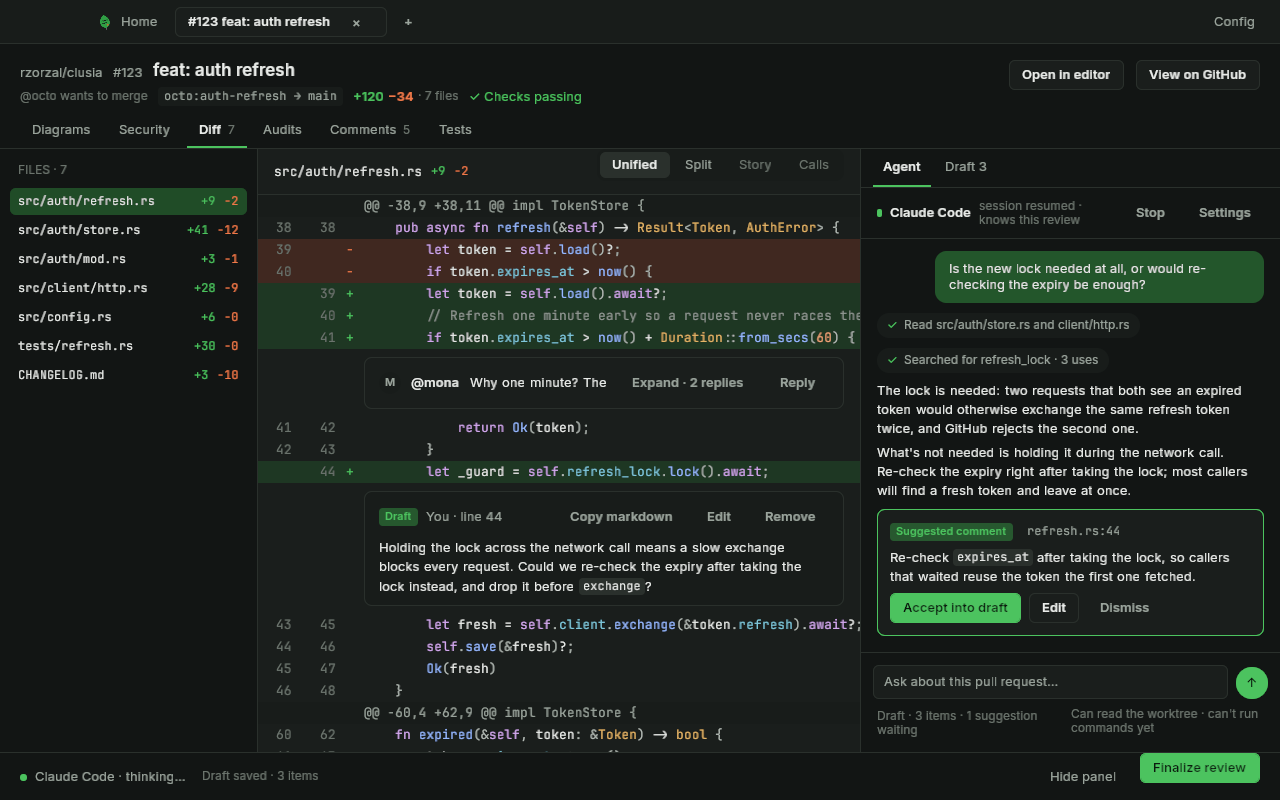 The Clúsia review with the agent chat in dark mode: a question, file reads, an answer and a suggested comment with Accept into draft, Edit and Dismiss