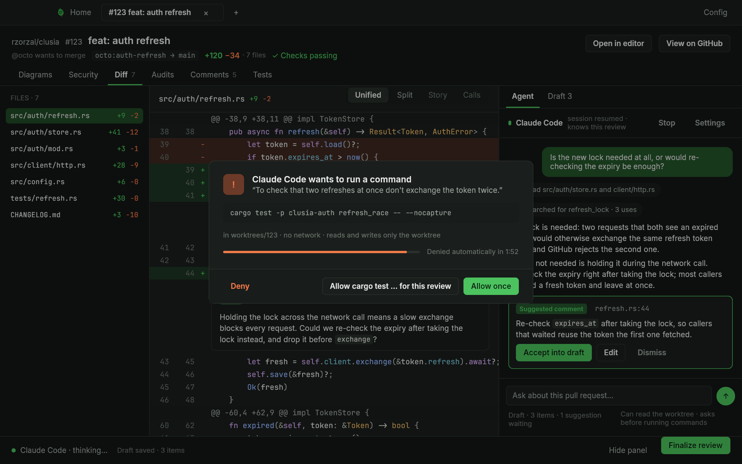 The permission modal showing the command the agent wants to run, its reason, and the Deny, Allow for this review and Allow once buttons (dark mode)