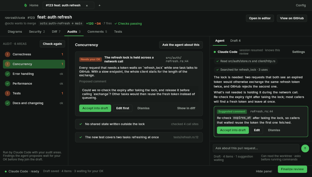 The audits tab with six areas, a finding with its proposed comment and the agent chat (dark mode)