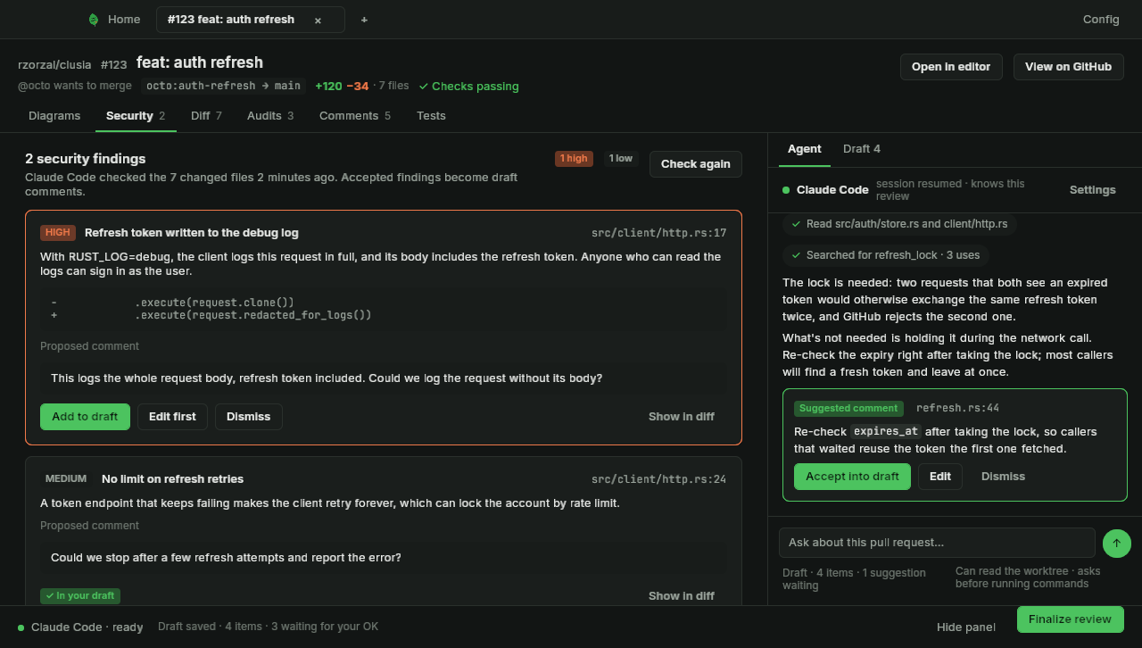 The security tab with findings, each proposing a review comment (dark mode)