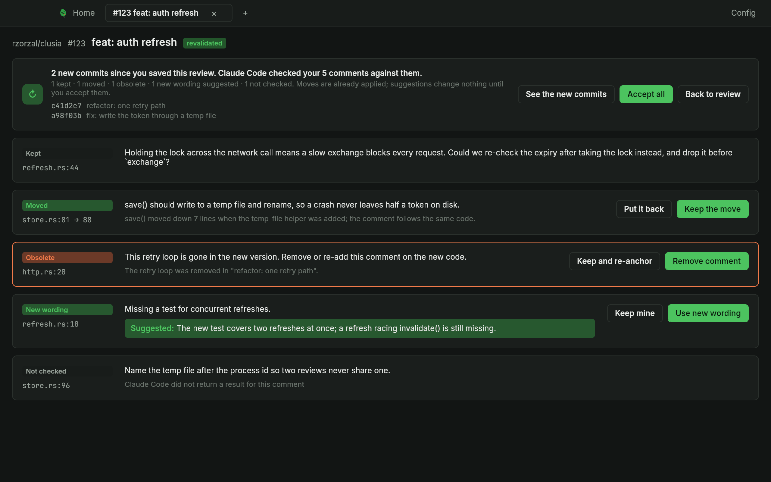 The revalidation screen: a row per comment with the proposal and the buttons to accept or keep your own (dark mode)