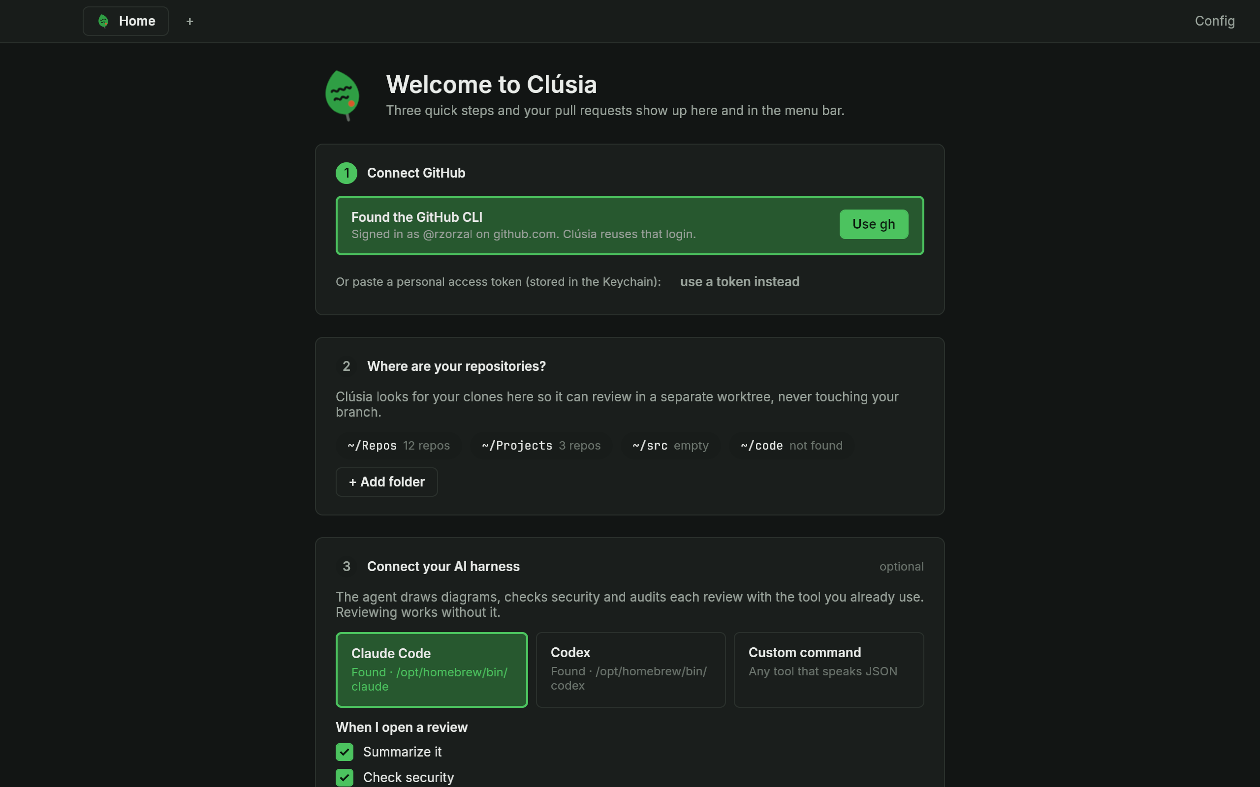 The welcome screen with three steps: connect GitHub, find your repositories, connect your AI harness (dark mode)